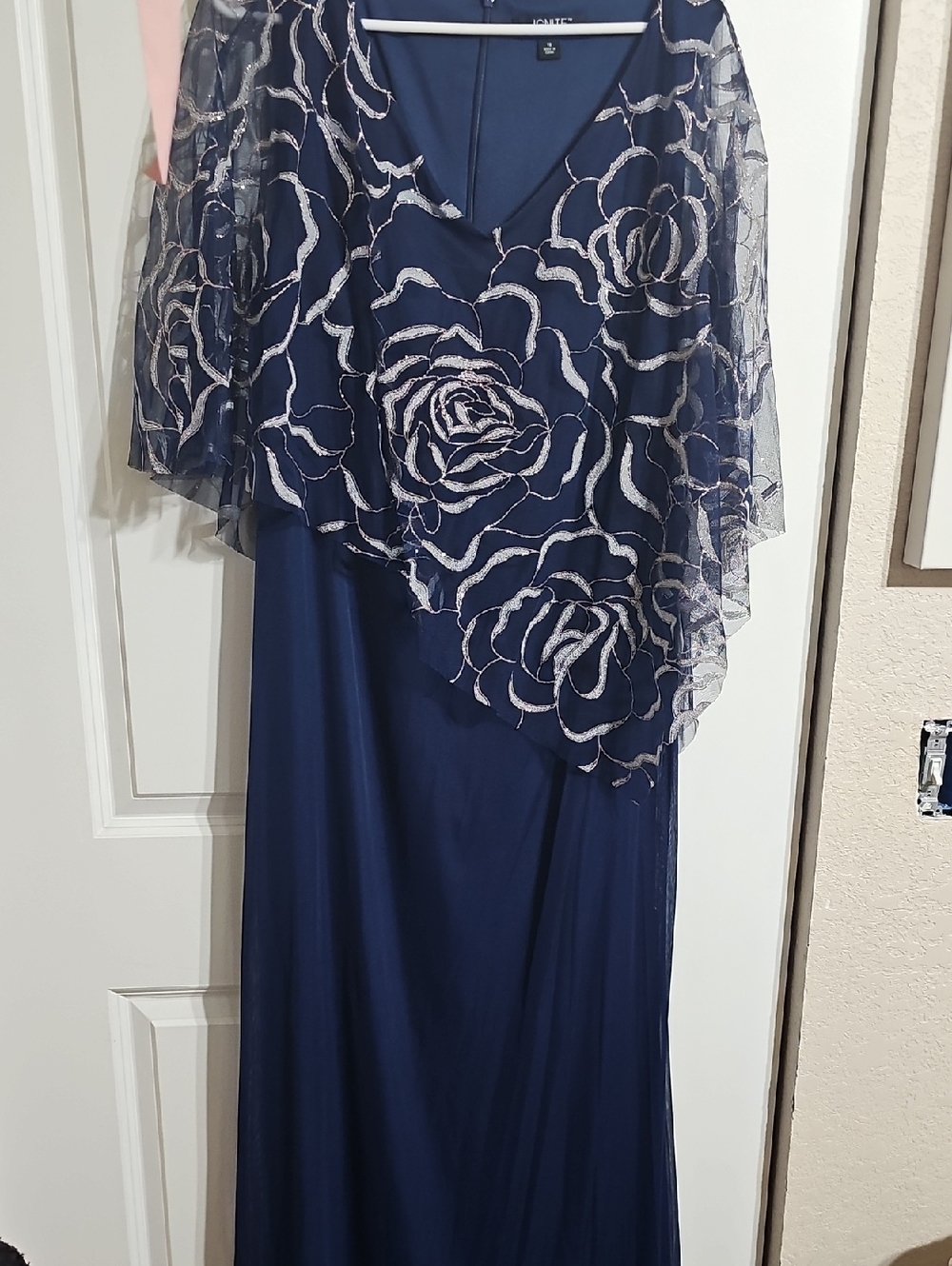 Navy Maxi Dress with Silver Floral Embroidered Overlay